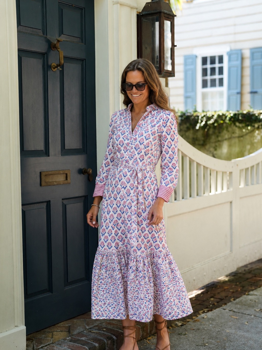 Madison Mathews Pink Blue Floral Block Print Tie Waist Maxi Dress Size Large